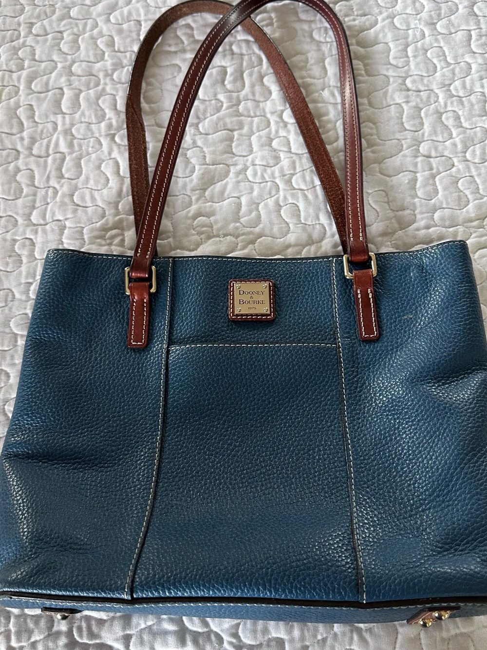 Dooney & Bourke Teal Pebbled Leather Tote with Brown Straps